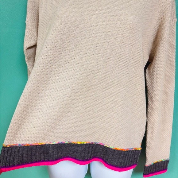 Lisa Todd Cream/Tan & Neon Rainbow Colorblock Border Order Knit Cotton Sweater M - Picture 5 of 8